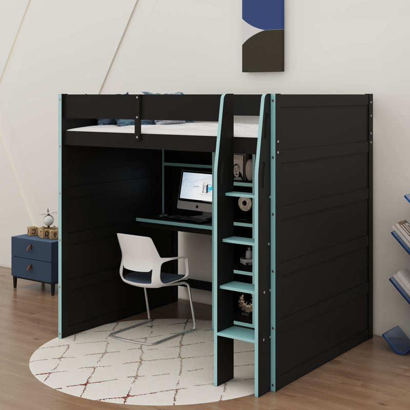 Full Size Wooden Gaming Loft Bed Featuring Desk, Storage Shelves & Built-In Ladder, Equipped With Storage Closet, Cloud Blue