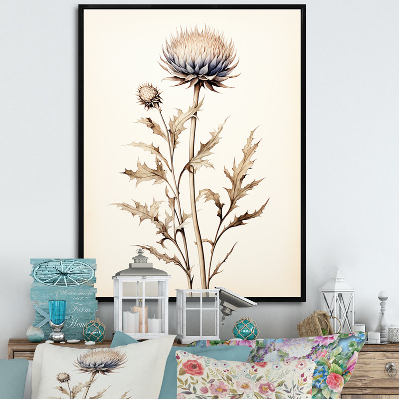 Décoration murale beige chardon fleurs I - chardon, Cadre flottant noir, H 20 po x l 12 po