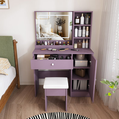 Ensemble de coiffeuse élégant avec tabouret rembourré et miroir lumineux à DEL réglable, 3 modes de couleurs pour les maquillages de chambre à coucher modernes