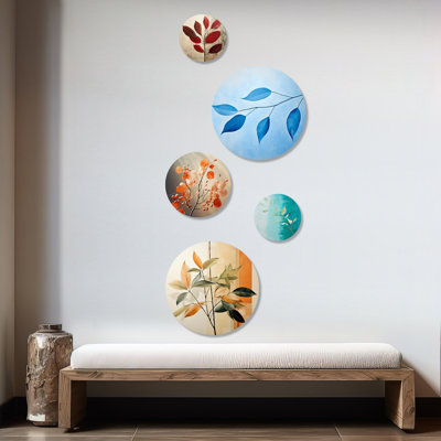 Abstrait feuilles d'abricot collage - ensemble d'art mural rond 5 feuilles