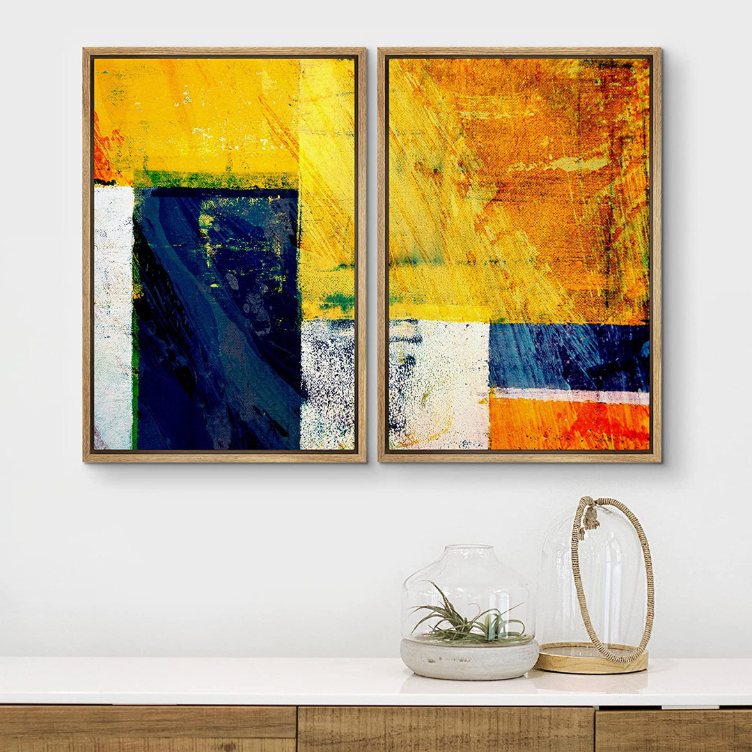 Grunge Abstract Paint Stroke Effect " Neon Yellow Navy Blue Pastel Color Blocks " 2 - Pieces IDEA4WALL 