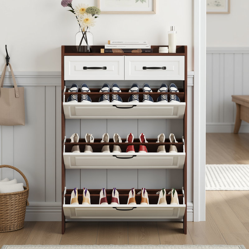 Armoire à chaussures étroite autoportante avec 3 tiroirs rabattables, Brun