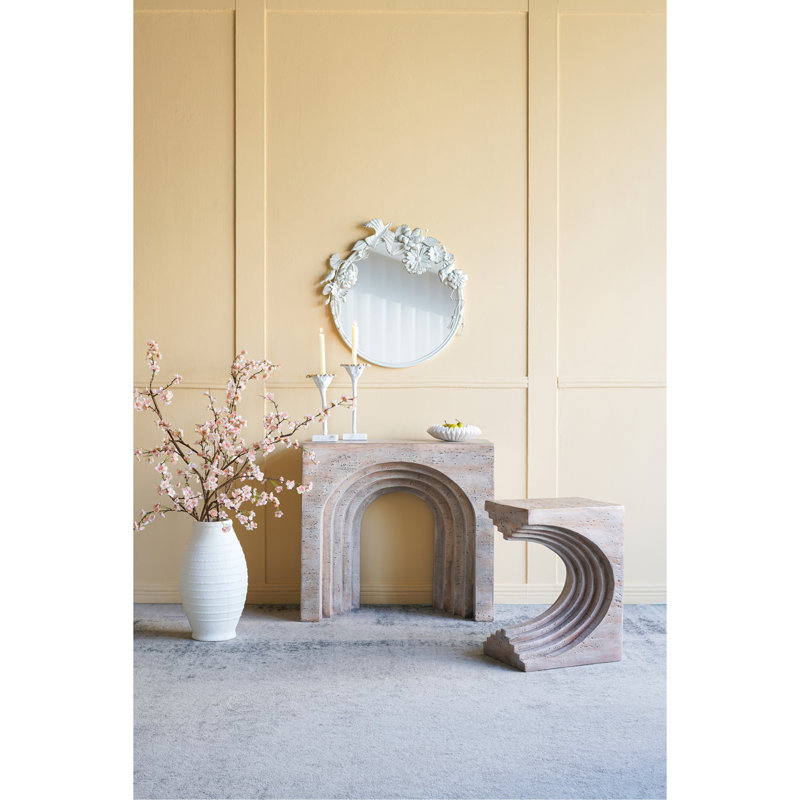 Console arquée moderne 32,3 x 14,2 x 29,9 po, finition faux travertin beige | Idée cadeau