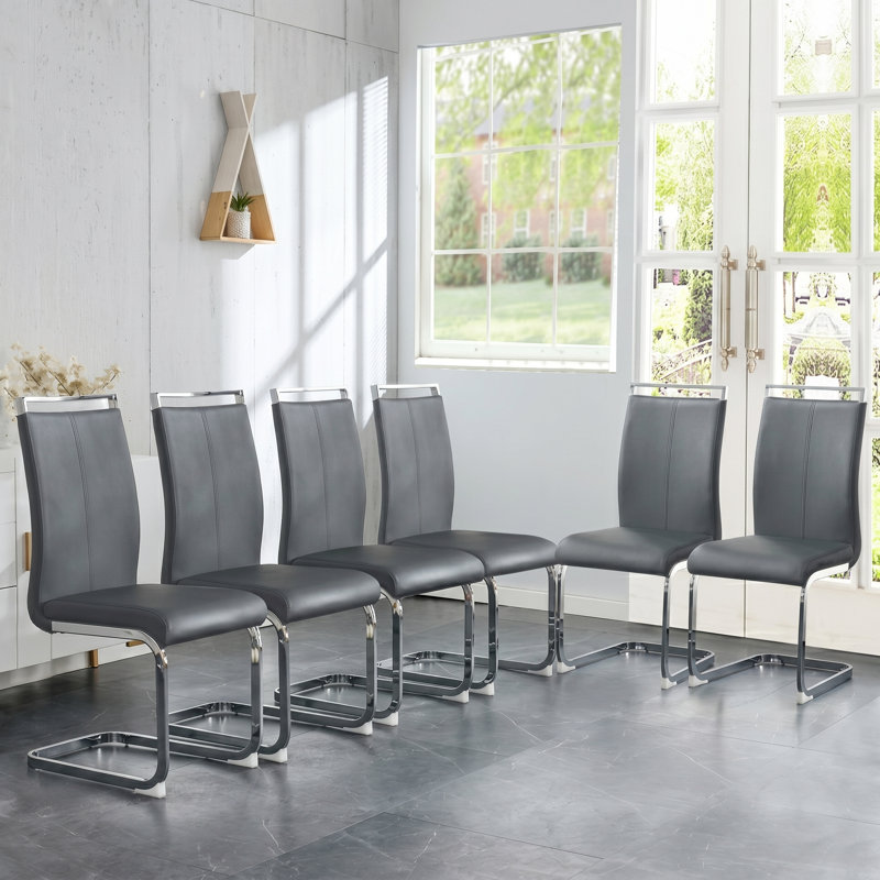 Rheese Modern Set of 6 Faux Leather Cantilever Dining Chairs with Metal Base and Top Handle, Dark Gray, Silver, 6