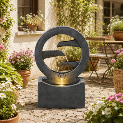 Gray Polyresin Patio Fountain with Tiered Cascade, Plug-In Pump, and Warm LED Glow