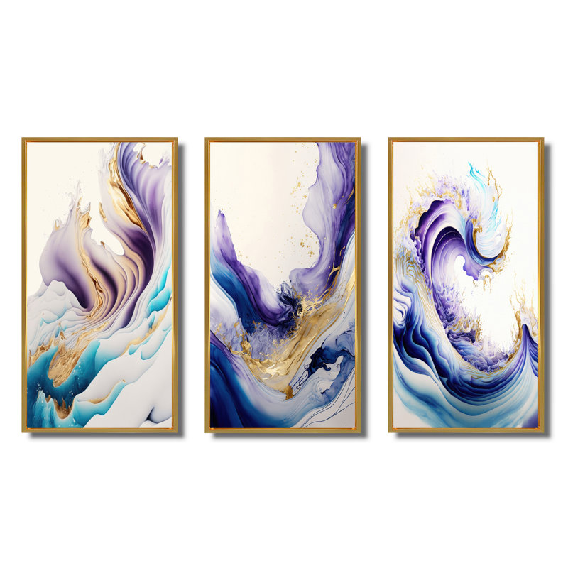 "Abstrait bleu, or et mauve" - 3 pièces sur toile, Or, H 28 po x l 36 po