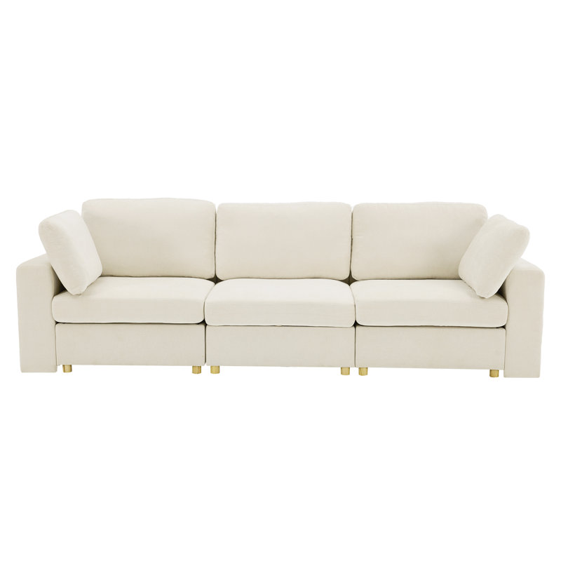 Upholstered Sofa with Storage, Solid Wood Legs and 2 Pillows, Beige Chenille, 3