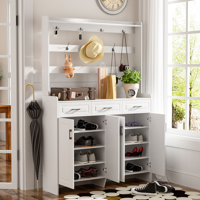 24 Pair Shoe Storage Cabinet With Coat Rack, White