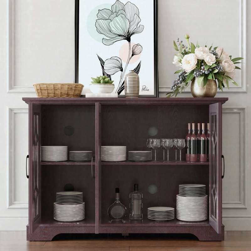 48.66" x 15.55" x 34.06" Sideboard Buffet Cabinet with 3 Tempered Glass Doors, Adjustable Shelf Storage Cabinet, Ox Blood Red