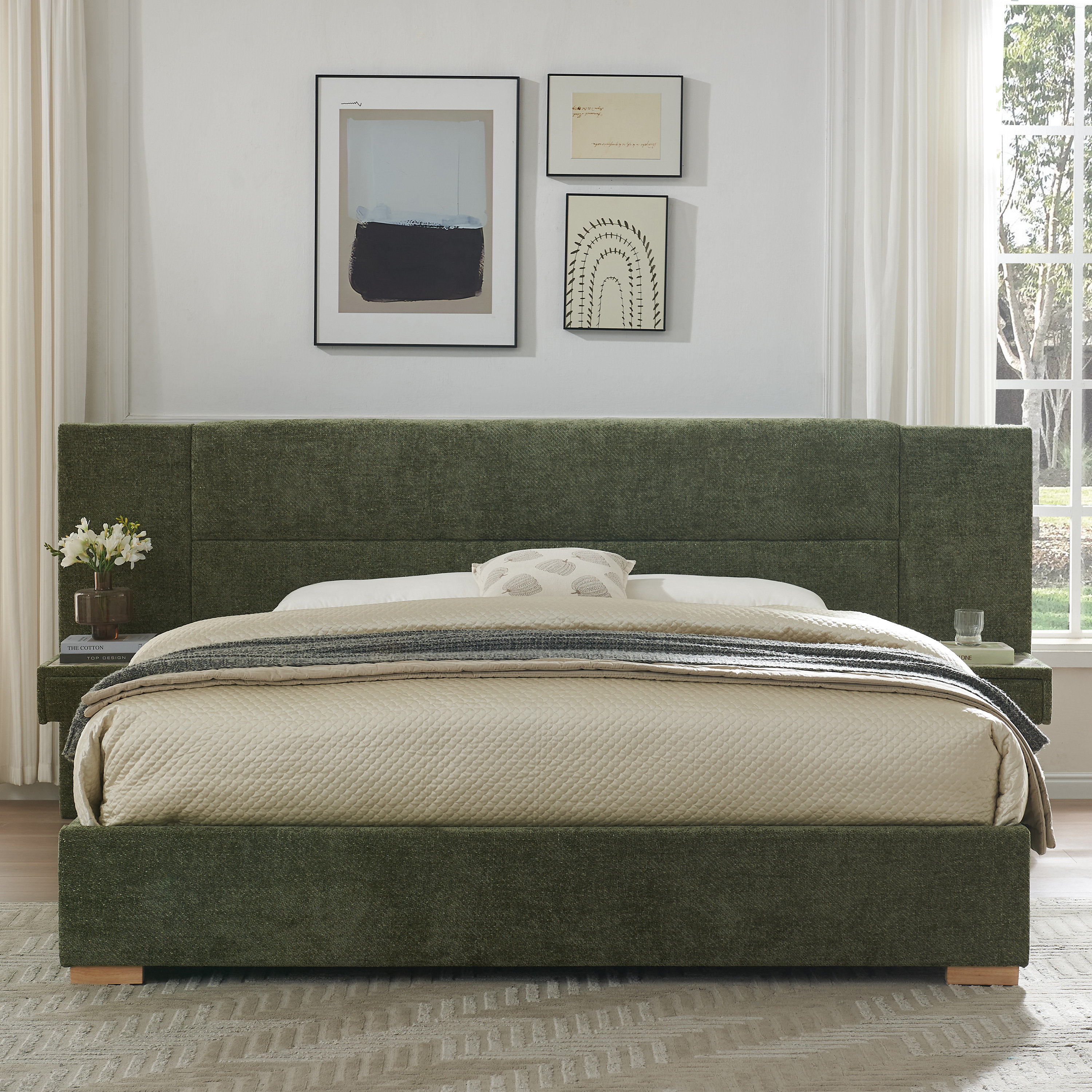 Hotel Style Upholstered Bed Frame with 2 Storage Drawers & Built-in Nightstands - Queen/King Size, Linen Fabric, Waterproof Tops, Easy Assembly (White/Turtle ) No Box Spring Needed