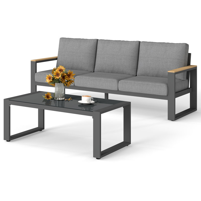     Ensemble de mobilier d'extérieur tout aluminium pour tous les temps, ensemble de mobilier de patio pour 3 personnes avec accoudoirs en bois pour un toucher doux pour la peau, ensemble de conversation de patio 2 pièces avec coussins amovibles