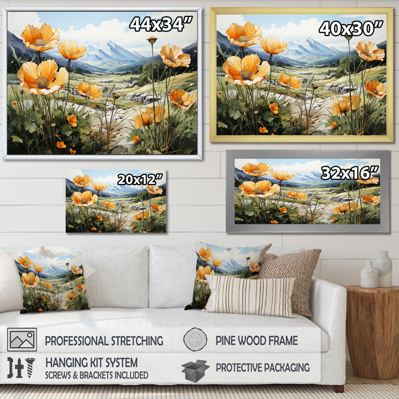 «Buttercups Charm In Mountain Scenery» sur impression sur toile, H 30 po x l 40 po x P 1,5 po, Cadre simple noir