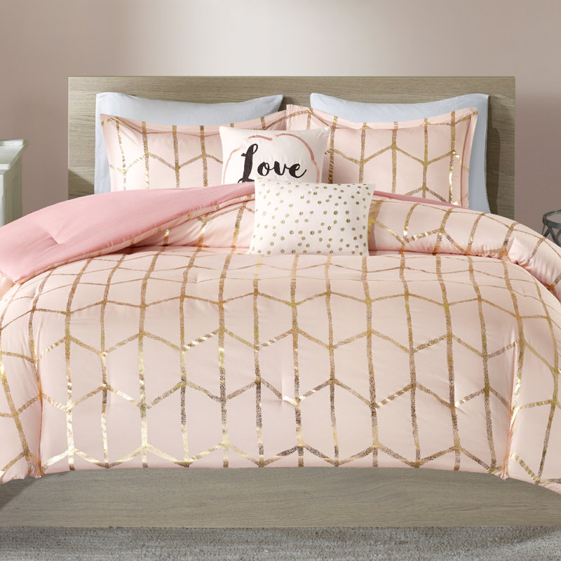 Raina Metallic Printed Comforter Set, King/Cal.King Comforter + 2 Shams + 2 Throw Pillow, Blush/Gold