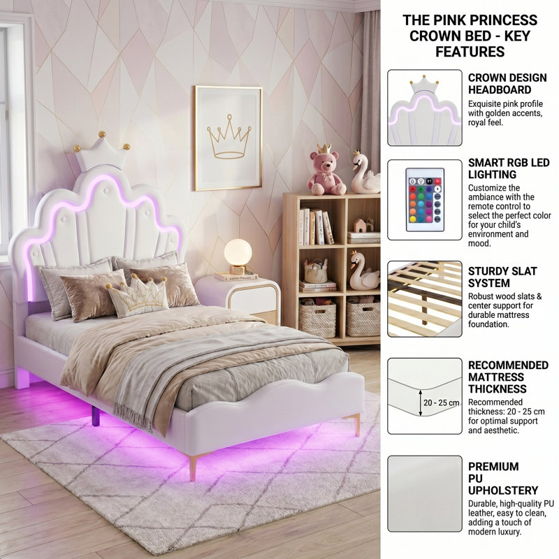 Multi-Sizes Upholstered Princess Bed With Dual-Zone Led, PU Leather Height-Adjustable Headboard, Pink/White (90x190, 90x200, 140x200)