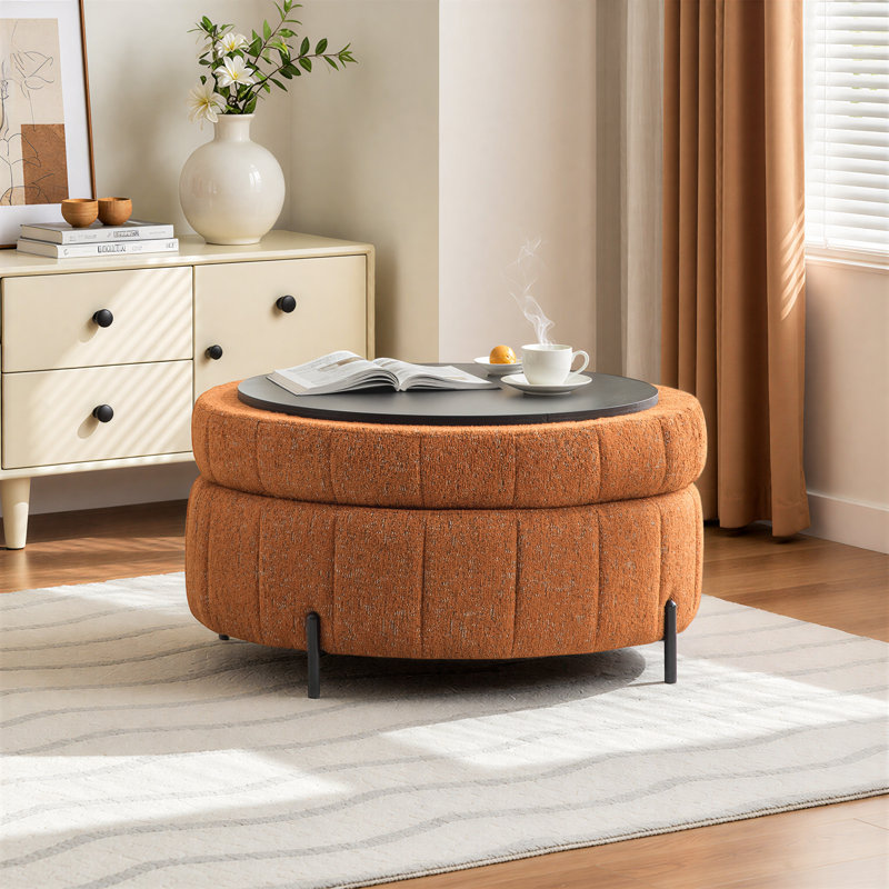 31" W Round Storage Ottoman With Reversible Lid, Orange