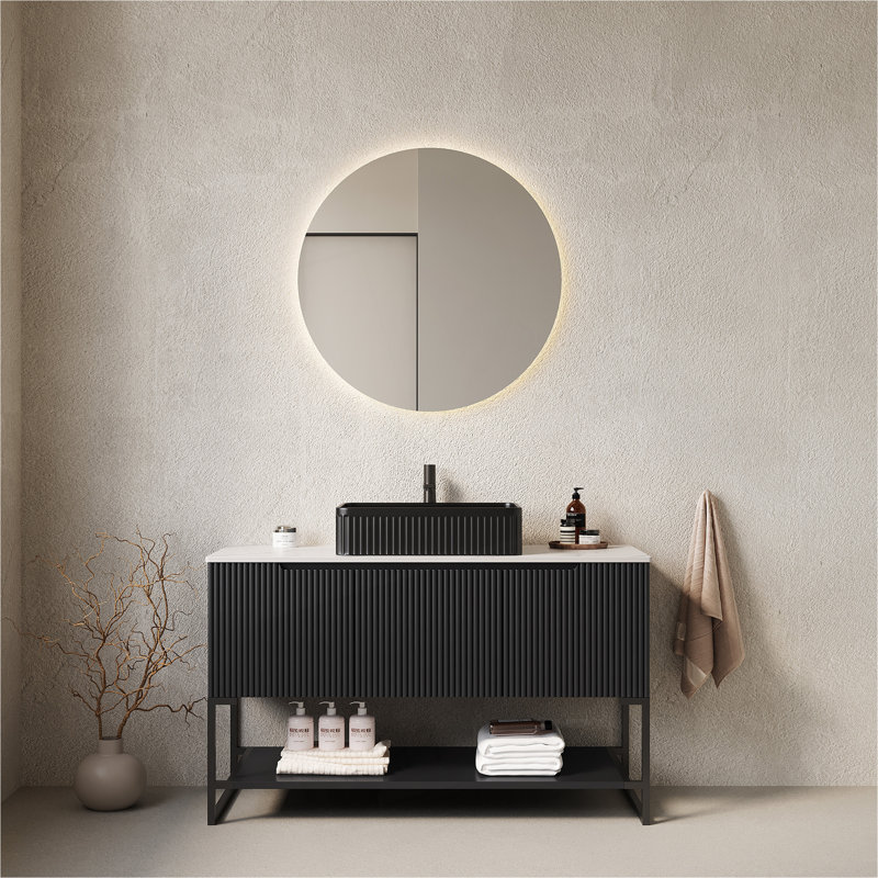 TULIO 48" Bathroom Vanity&Sink, Freestanding Bathroom Storage Cabinet with 3 Doors and Open Shelf, Black Rectangular Ceramic Basin and Carrara White Sintered Stone Countertop, Black (New SKU)