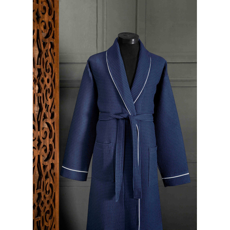 Peignoir 100% coton mi-mollet avec poches, G / TG, Bleu foncé