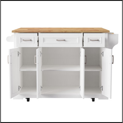 54-inch Large Kitchen Island with Rubber Wood Drop Leaf, Embossed Texture, and Ample Storage on 4 Wheels, Ideal for Modern and Farmhouse Kitchens