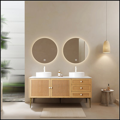 Meuble-lavabo autoportant de 60 po avec armoire en contreplaqué, 5 pieds en métal, 3 tiroirs à fermeture en douceur et 2 portes en céramique