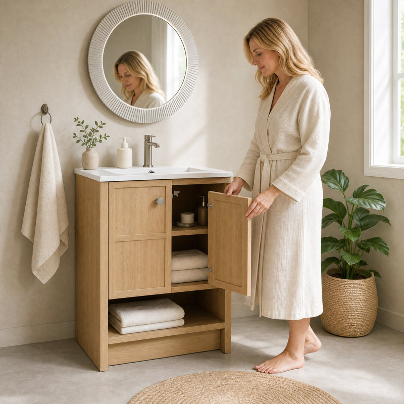 Meuble-lavabo autoportant de 24 po avec lavabo en céramique, 2 portes à fermeture douce et tablette ouverte, armoire de rangement en contreplaqué de chêne pour petite salle de bain, salle d'eau