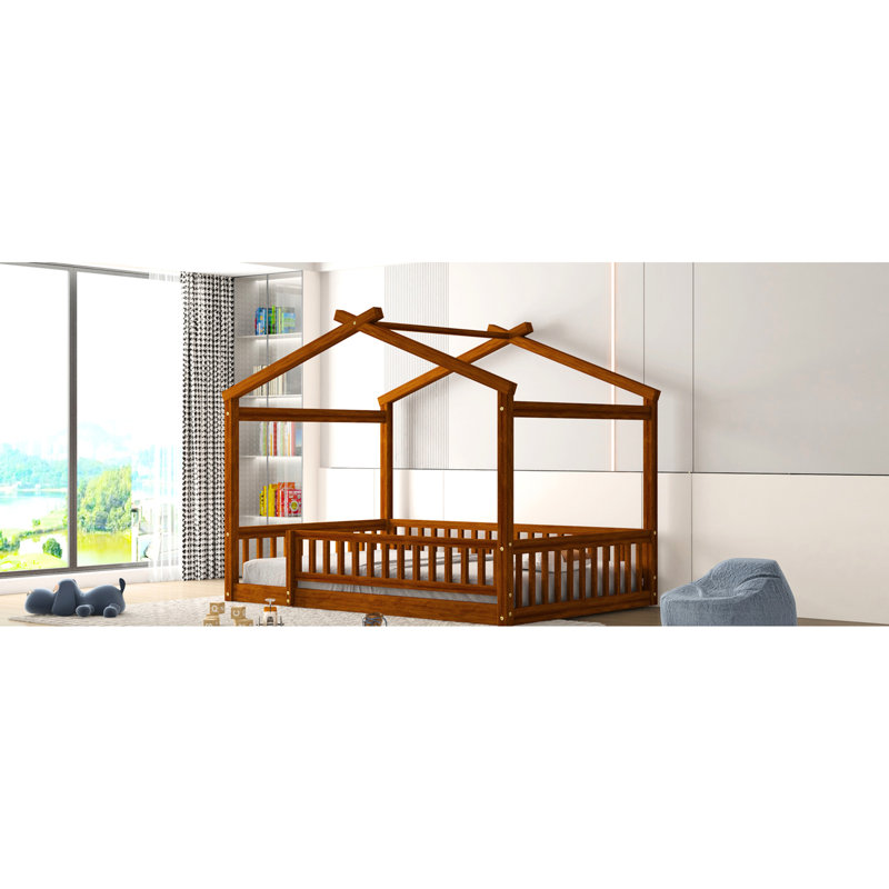Lit pour adolescent pleine grandeur en noyer avec clôture, pin, jeu et sommeil, Full, Walnut