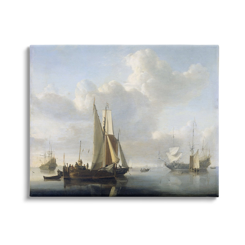 Navires avant le rivage, peinture classique sur toile - Peinture sur toile, H 16 po x l 20 po x P 1,5 po, Toile tendue