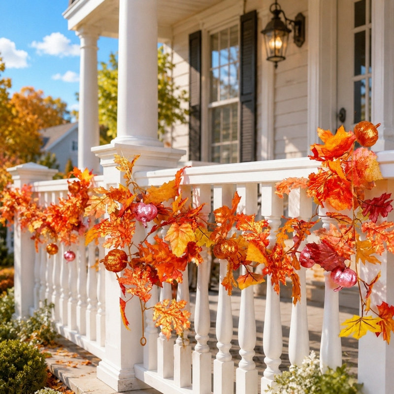 Guirlande de feuilles d'érable artificielle 5,94 pi avec mini citrouilles, cheminée décorative avec escalier de l'Action de grâce