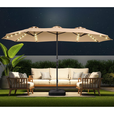 180'' x 108'' Rectangular Lighted Market Umbrella,15ft Large Double Sided Patio Umbrella with 48 Solar LED Lights & Base Included, Heavy Duty Market Table Umbrella with 220gsm Fade-Resistant Canopy
