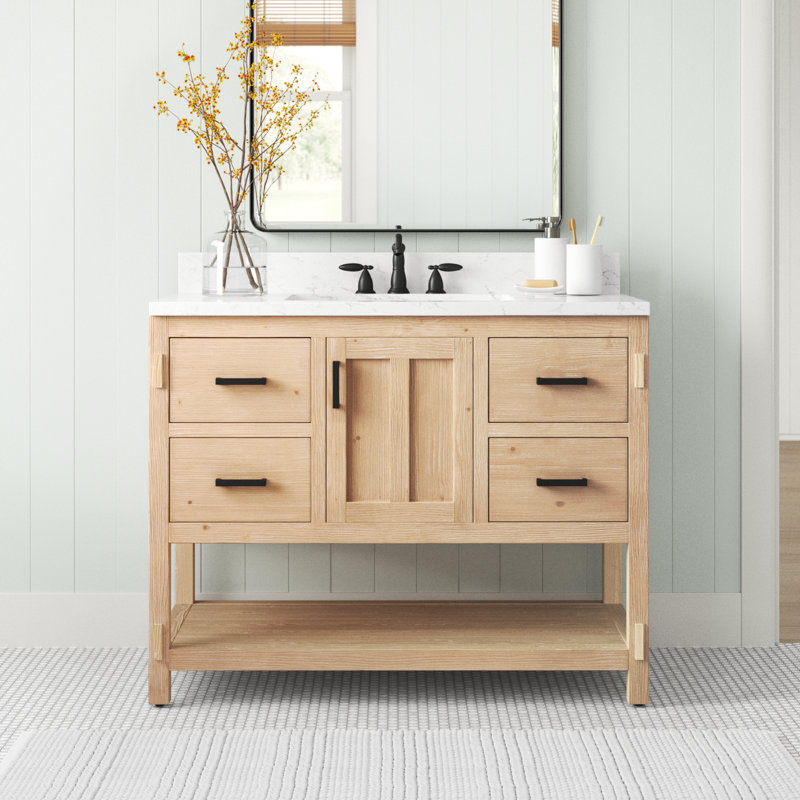 Marissa 42" Freestanding Single Bathroom Vanity with Engineered Stone Top, Teak White Rustic