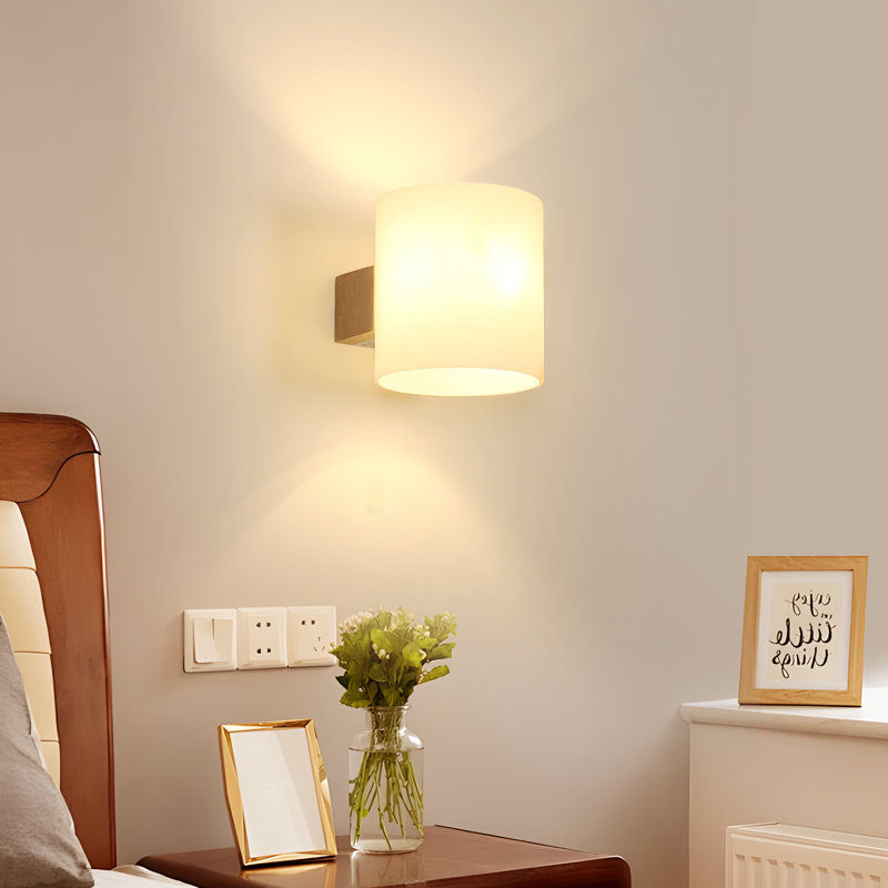 Wooden Base Glass Cylinder Flush Mounted Sconce, Light Brown