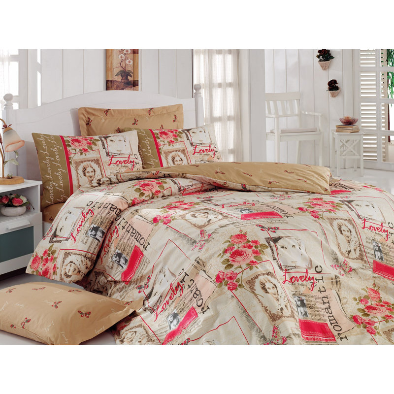 Ensemble de housse de couette 100% coton 3 pièces beige / rouge / vert Longmeadow