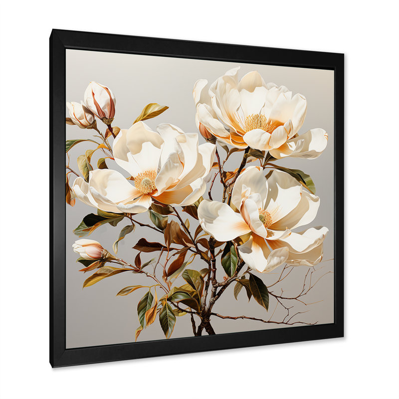 Magnolia beige et fleurs vertes, Cadre simple noir, H 16 po x l 16 po x P 1 po