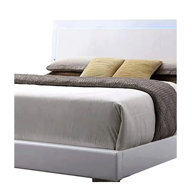 Grand lit avec fonction DEL, cuir synthétique blanc, pieds droits, tête de lit et rails rembourrés ultrabrillants, profil bas, sommier tapissier à 3 lattes, capacité de 660 lb, hauteur de 48,18 po