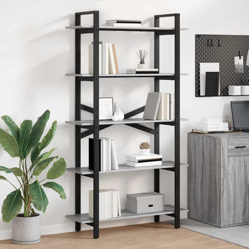 100 cm W Steel Etagere Bookcase, (5 Shelves) 178cm. H x 100cm. W x 33.5cm. D, Grey Sonoma