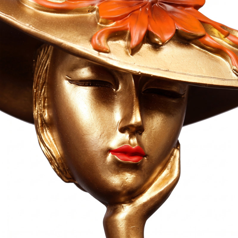 Statue féminine dorée avec chapeau à large bord, sculpture décorative en buste de femme