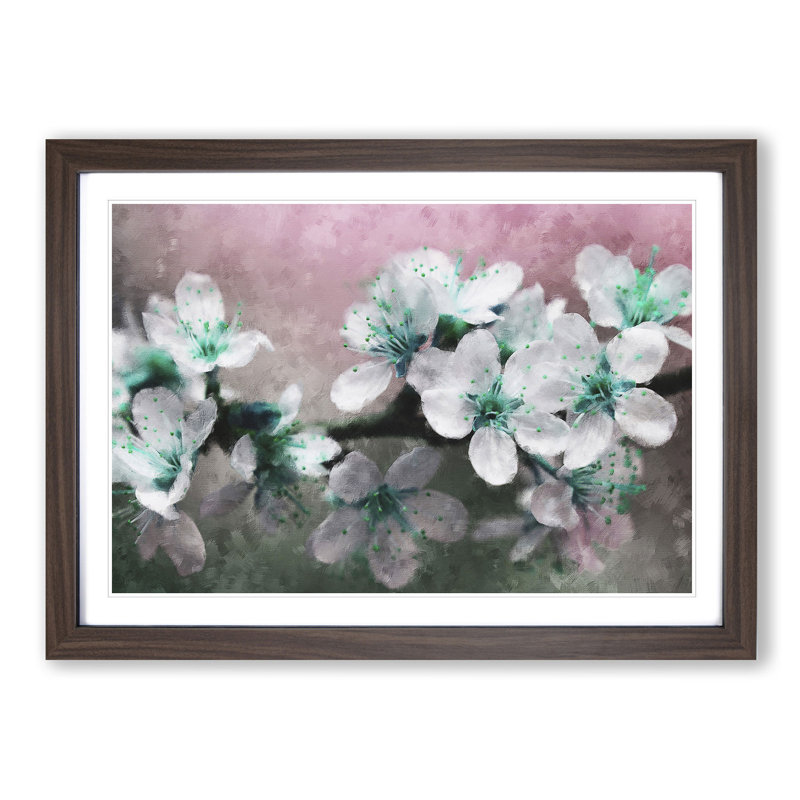 White Cherry Blossom Tree in Bloom - Picture Frame Painting Print on MDF, Walnut Framed, 62cm H x 87cm W x 2cm D