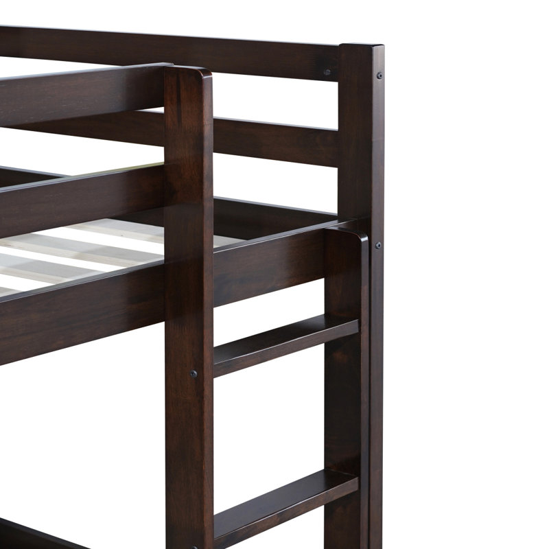 Lit superposé simple au-dessus d'un lit simple avec échelle en bois massif et en bois d'hévéa massif avec plateforme à lattes renforcées, espresso