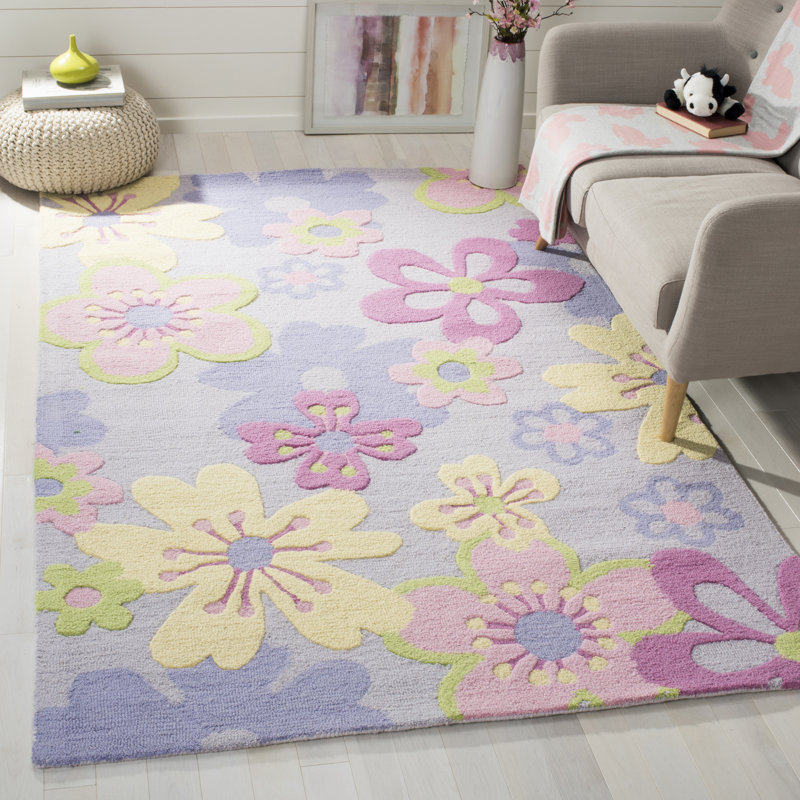 Tapis mauve / rose / jaune en laine / coton touffeté à la main Sighréf, Rectangle 4 pi x 6 pi