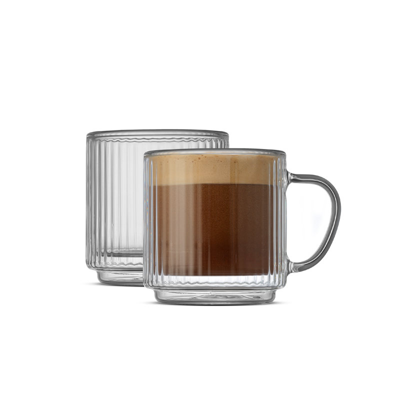 Tasses en verre cannelées empilables à double paroi avec poignée, 5,5 oz, ensemble de 2