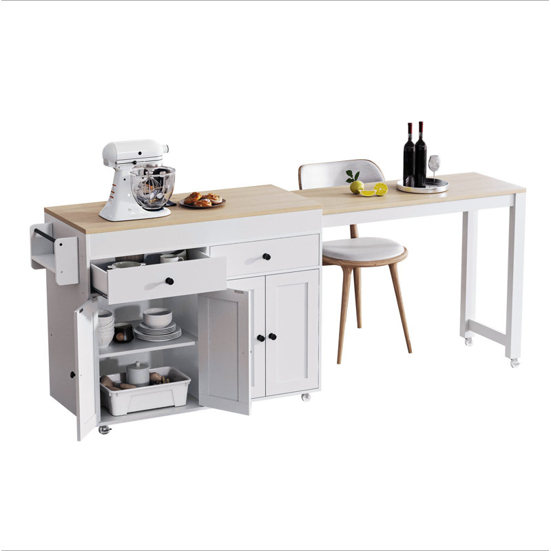 74.5 Inch Kitchen Island With Extendable Dining Table , Rolling Kitchen Island On Wheels With Spice Rack And 2 Drawers,  Kitchen Storage Cart With 4 Door Cabinet, For Kitchen, Dining Room