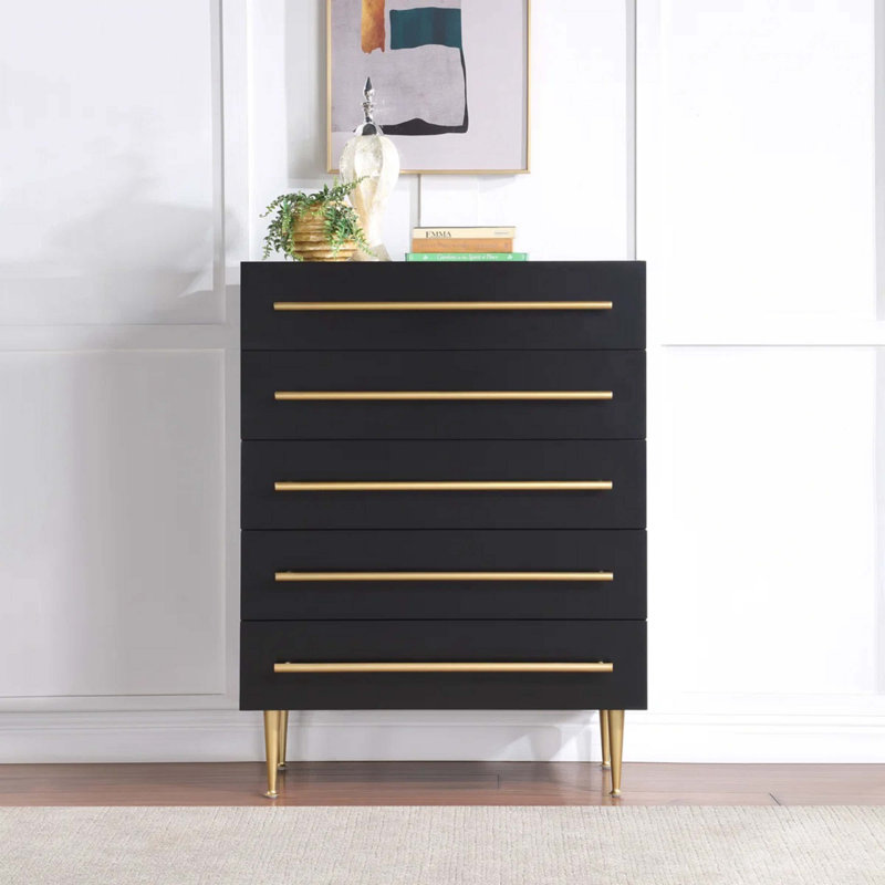 Contemporary 5-Drawer Chest With Gold Accent, Black/Gold