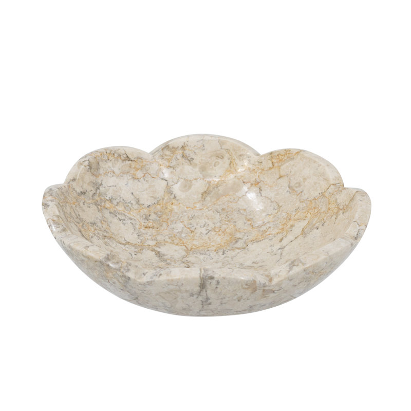 D10X3" Cream Marble Bowl With Scalloped Design And Subtle Gold Detailing