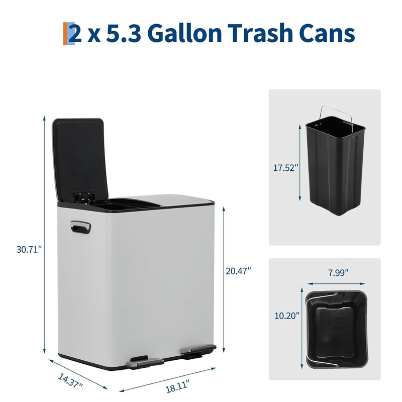 Poubelle à pédale blanche à double compartiment de 40 L pour la cuisine