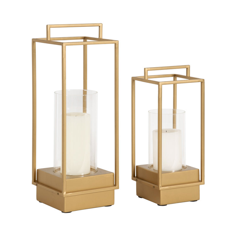 Wood and Metal Two-Piece Candle Holder Set, Gold