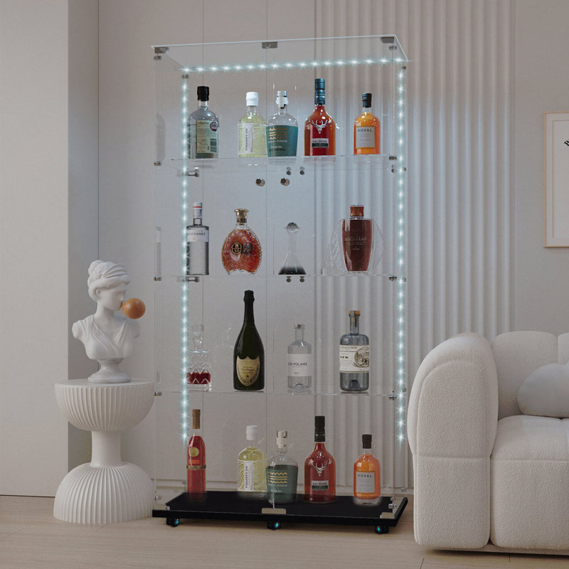 Tempered Glass Display Storage Cabinet - Wine/File Cabinet With Bluetooth LED Strip Light
