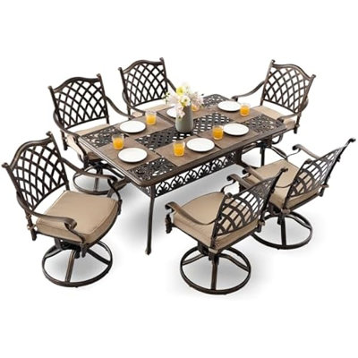 7-Piece Cast Aluminum Outdoor Table and Chairs, Antique Bronze Patio Dining Set for 6 Include 60" Rectangular Outdoor Dining Table and 6 Swivel Chairs with Removable Cushion and Umbrella Hole