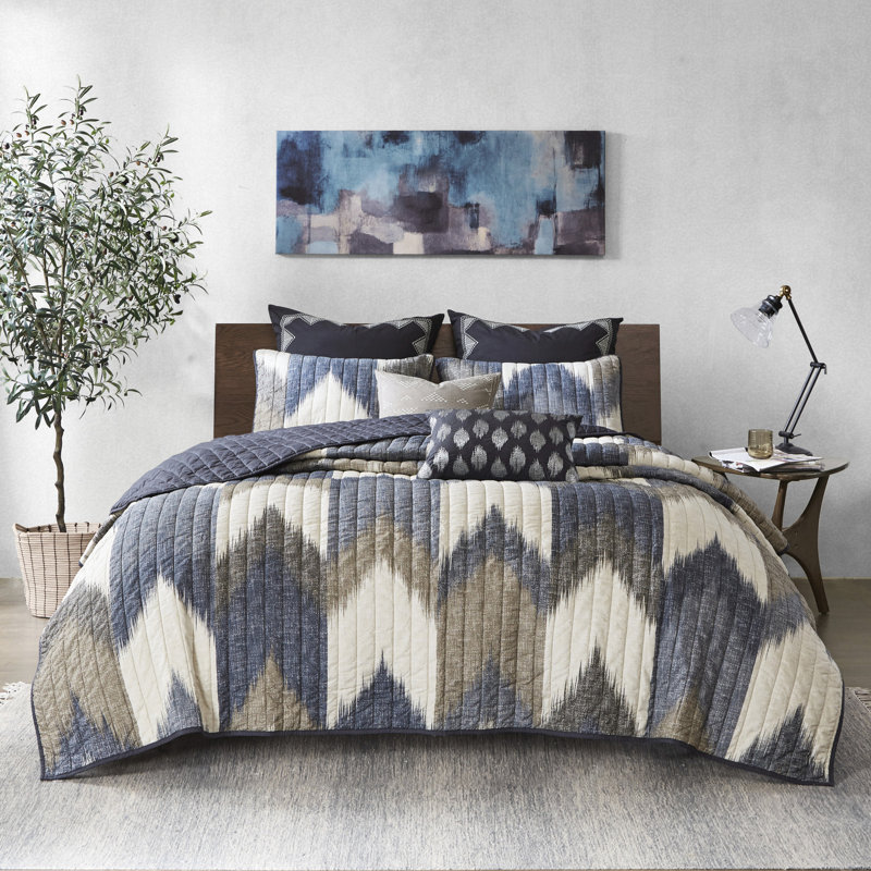 Courtepointe bleu marine / très grand bleu marine - 3 pièces en coton, imprimé cassé, 2 taies décoratives assorties avec passepoil et détails en coton, dos uni