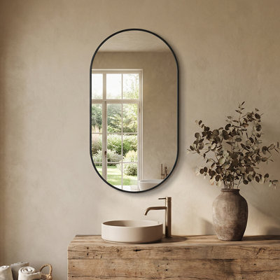 40" x 24" Matte Black Aluminum Frame Oval Wall Mounted Bathroom Vanity Mirror, High Definition Explosion-Proof Glass