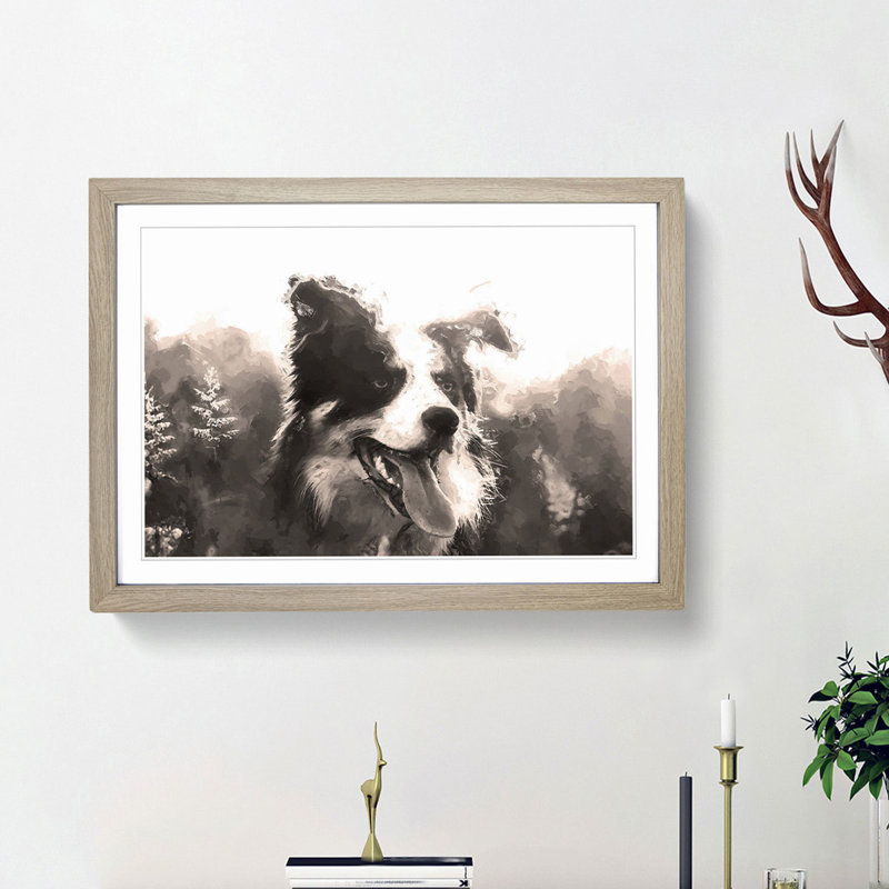 Border Collie Dog in a Meadow in Abstract - Picture Frame Painting Print, Oak Framed, 36cm H x 48cm W x 2cm D