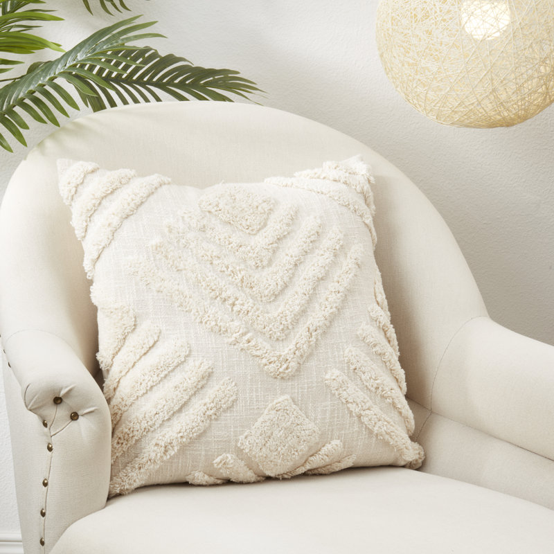 Beige Geometric Tufted Cotton Throw Pillow, 20"x20"